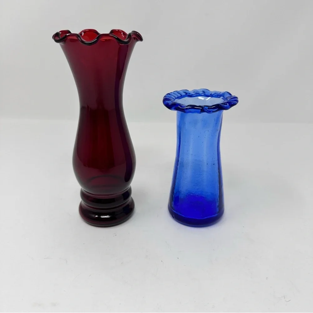 Vintage Glass Bud Vases Anchor Hocking Royal Ruby Red & Cobalt Blue Ruffled Rim